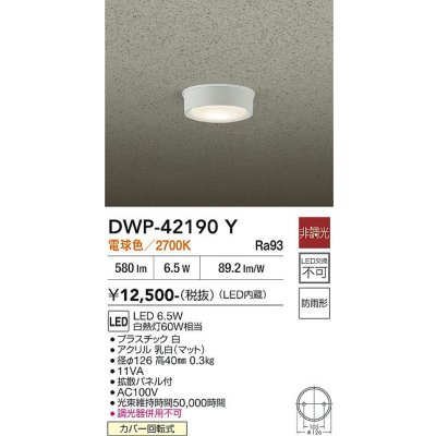 画像1: 大光電機(DAIKO) DWP-42190Y アウトドアライト 軒下シーリング 非調光 電球色 LED内臓 防雨形 ホワイト