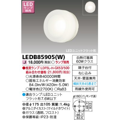 画像1: 東芝ライテック　LEDB85905(W)　アウトドア ポーチ灯 LEDユニット フラット形 天井・壁面兼用 ホワイト ランプ別売