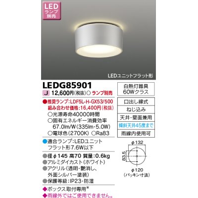 画像1: 東芝ライテック　LEDG85901　アウトドア 軒下シーリングライト LEDユニットフラット形 天井・壁面兼用 防湿 シルバー ランプ別売