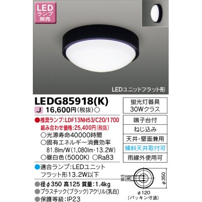 画像1: 東芝ライテック　LEDG85918(K)　アウトドア 軒下シーリングライト LEDユニットフラット形 天井・壁面兼用 ブラック ランプ別売