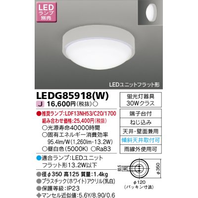 画像1: 東芝ライテック　LEDG85918(W)　アウトドア 軒下シーリングライト LEDユニットフラット形 天井・壁面兼用 ホワイト ランプ別売