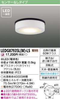 [メーカー在庫限り] 東芝ライテック　LEDG87935L(W)-LS　アウトドア 軒下シーリングライト LED一体形 電球色 天井・壁面兼用 ホワイト