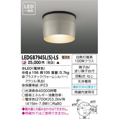 画像1: [メーカー在庫限り] 東芝ライテック　LEDG87945L(S)-LS　アウトドア 軒下シーリングライト LED一体形 電球色 ウォームシルバー