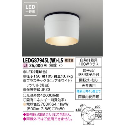 画像1: 東芝ライテック　LEDG87945L(W)-LS　アウトドア 軒下シーリングライト LED一体形 電球色 ホワイト