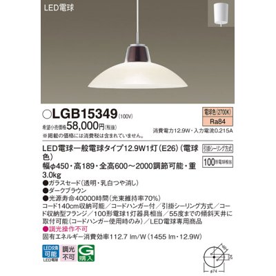 画像1: パナソニック　LGB15349　ダイニング用ペンダント 吊下型 LED(電球色) 白熱電球100形1灯器具相当 ガラスセード 引掛シーリング方式 ダークブラウン