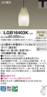 パナソニック LGB16403K ペンダント LED(温白色) 配線ダクト取付型 ダクトタイプ ガラスセード LED電球交換型