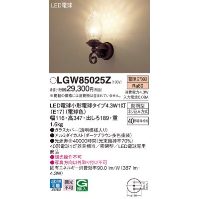 画像1: パナソニック　LGW85025Z　ポーチライト 壁直付型 LED(電球色) 密閉型 防雨型  ダークブラウン