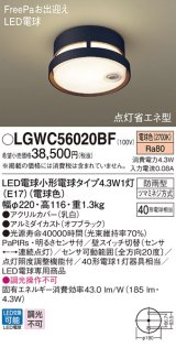 パナソニック　LGWC56020BF　ポーチライト 天井直付型 LED(電球色) 防雨型 FreePaお出迎え 点灯省エネ型 明るさセンサ付  オフブラック