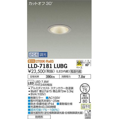 画像1: 大光電機(DAIKO) LLD-7181LUBG ダウンライト 埋込穴φ75 位相調光(調光器別売) 電球色 ビーム角50度 防雨形 ステンカラー