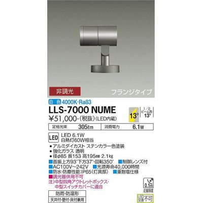 画像1: 大光電機(DAIKO) LLS-7000NUME スポットライト 非調光 白色 ビーム角14度 フランジタイプ 防雨・防湿形 ステンカラー