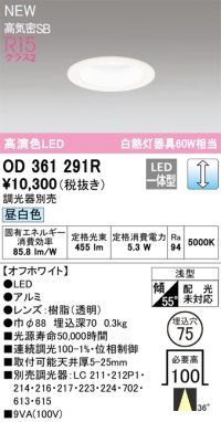 オーデリック OD361291R ダウンライト 埋込穴φ75 調光(調光器別売) LED一体型 昼白色 高演色LED R15 浅型 オフホワイト