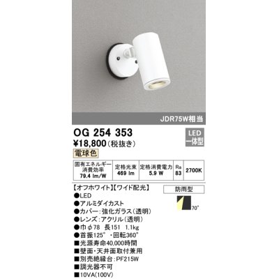 画像1: 照明器具 オーデリック　OG254353　エクステリアスポットライト LED一体型 JDR75W相当 電球色タイプ ワイド配光