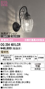 オーデリック　OG254481LCR(ランプ別梱)　エクステリア ポーチライト LEDランプ 電球色 別売センサー対応 防雨型 黒色