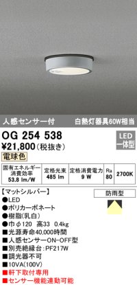 オーデリック　OG254538　エクステリアダウンライト(軒下用) LED一体型 人感センサ ON-OFF型 白熱灯60W相当 電球色