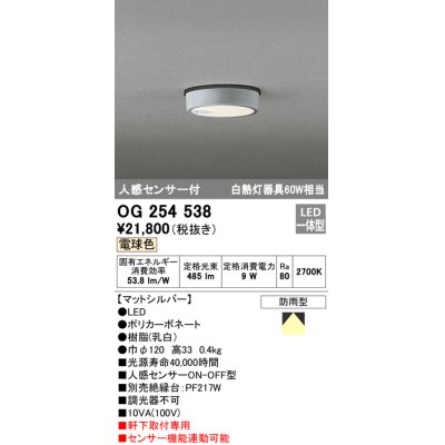 画像1: オーデリック　OG254538　エクステリアダウンライト(軒下用) LED一体型 人感センサ ON-OFF型 白熱灯60W相当 電球色