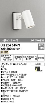 オーデリック　OG254545P1　エクステリアスポットライト LED一体型 電球色 JDR75W相当 ミディアム配光 防雨型 オフホワイト