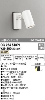 オーデリック　OG254548P1　エクステリアスポットライト LED一体型 電球色 JDR75W相当 ワイド配光 防雨型 オフホワイト