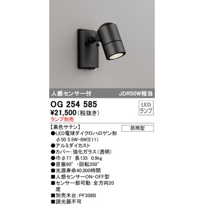 画像1: オーデリック　OG254585　エクステリアスポットライト LED 人感センサ 防雨型 黒色サテン ランプ別売