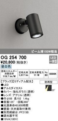 オーデリック　OG254700　エクステリアスポットライト LED一体型 昼白色 ミディアム配光 防雨型 ブラック