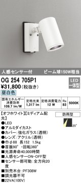 オーデリック　OG254705P1　エクステリアスポットライト LED一体型 昼白色 ビーム球150W相当 ミディアム配光 防雨型 オフホワイト
