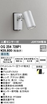 オーデリック　OG254726P1　エクステリアスポットライト LED一体型 昼白色 JDR75W相当 ワイド配光 防雨型 マットシルバー