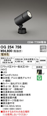 オーデリック　OG254756　エクステリアスポットライト LED一体型 電球色 ナロー配光 防雨型 黒色