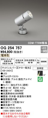 オーデリック　OG254757　エクステリアスポットライト LED一体型 電球色 ナロー配光 防雨型 マットシルバー