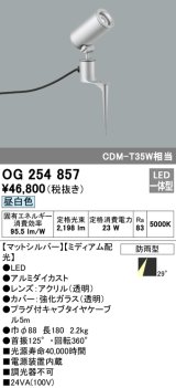 オーデリック　OG254857　エクステリアスポットライト LED一体型 昼白色 φ88 長180 ミディアム配光 防雨型 シルバー