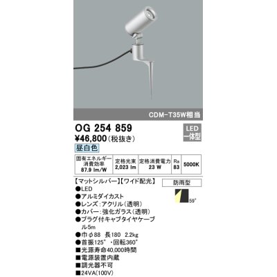 画像1: オーデリック　OG254859　エクステリアスポットライト LED一体型 昼白色 φ88 長180 ワイド配光 防雨型 シルバー