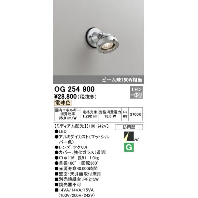 画像1: オーデリック　OG254900　エクステリアスポットライト LED一体型 電球色 ミディアム配光 防雨型 マットシルバー