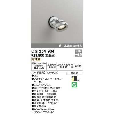 画像1: オーデリック　OG254904　エクステリアスポットライト LED一体型 電球色 ワイド配光 防雨型 マットシルバー