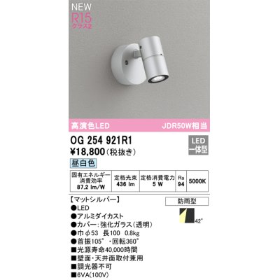 画像1: オーデリック OG254921R1 エクステリア スポットライト LED一体型 昼白色 高演色LED R15 防雨型 マットシルバー
