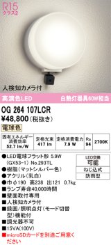 オーデリック OG264107LCR(ランプ別梱) エクステリア ポーチライト LEDランプ 電球色 高演色LED 人検知カメラ付 防雨型 マットシルバー