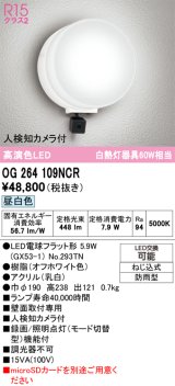 オーデリック OG264109NCR(ランプ別梱) エクステリア ポーチライト LEDランプ 昼白色 高演色LED 人検知カメラ付 防雨型 オフホワイト