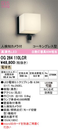 オーデリック OG264110LCR(ランプ別梱) エクステリア ポーチライト LEDランプ 電球色 高演色LED 人検知カメラ付 防水パッキンレス型 防雨型 黒色