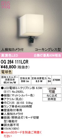 オーデリック OG264111LCR(ランプ別梱) エクステリア ポーチライト LEDランプ 電球色 高演色LED 人検知カメラ付 防水パッキンレス型 防雨型 マットシルバー