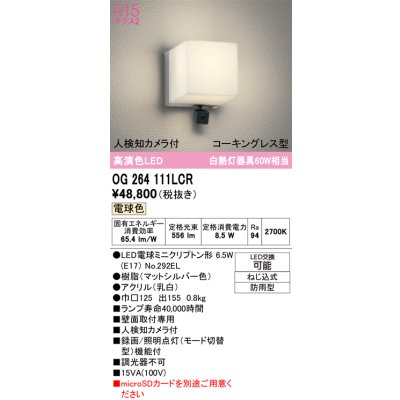 画像1: オーデリック OG264111LCR(ランプ別梱) エクステリア ポーチライト LEDランプ 電球色 高演色LED 人検知カメラ付 防水パッキンレス型 防雨型 マットシルバー