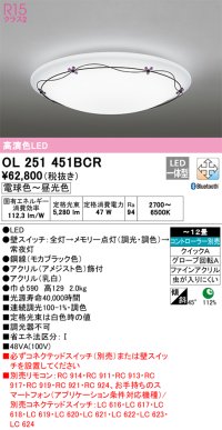 オーデリック　OL251451BCR　シーリングライト 12畳 調光 調色 Bluetooth リモコン別売 LED一体型 電球色〜昼光色 [♭]