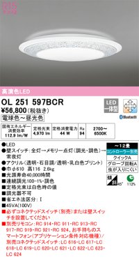 オーデリック　OL251597BCR　シーリングライト 12畳 調光 調色 Bluetooth リモコン別売 LED一体型 電球色〜昼光色 [♭]