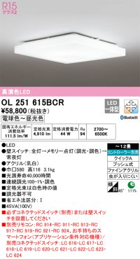 オーデリック　OL251615BCR　シーリングライト 12畳 調光 調色 Bluetooth リモコン別売 LED一体型 電球色〜昼光色 [♭]