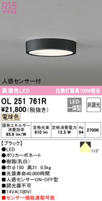オーデリック　OL251761R　シーリングライト 非調光 LED一体型 電球色 人感センサー付 ブラック