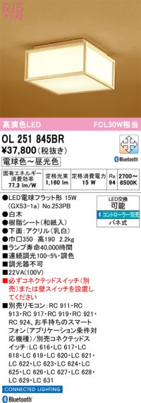 オーデリック　OL251845BR(ランプ別梱)　シーリングライト 調光 調色 Bluetooth コントローラー別売 和風 LEDランプ 電球色〜昼光色 白木