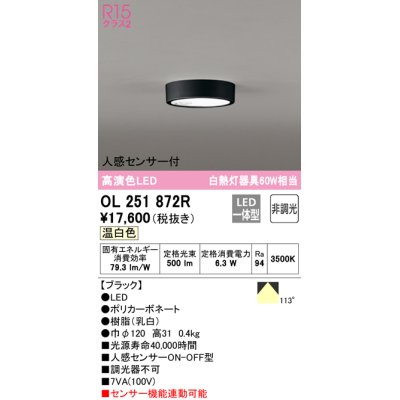 画像1: オーデリック　OL251872R　シーリングライト 非調光 LED一体型 温白色 人感センサー付 ブラック