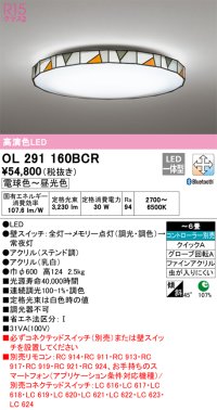 オーデリック　OL291160BCR　シーリングライト 6畳 調光 調色 Bluetooth リモコン別売 LED一体型 電球色〜昼光色 ステンド調 [♭]