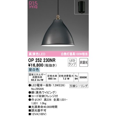 画像1: オーデリック　OP252230NR(ランプ別梱)　ペンダントライト 非調光 LEDランプ 昼白色 フレンジタイプ ブラック