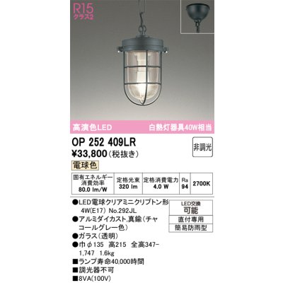 画像1: オーデリック　OP252409LR(ランプ別梱)　ペンダントライト 非調光 LEDランプ 電球色 フレンジタイプ チャコールグレー