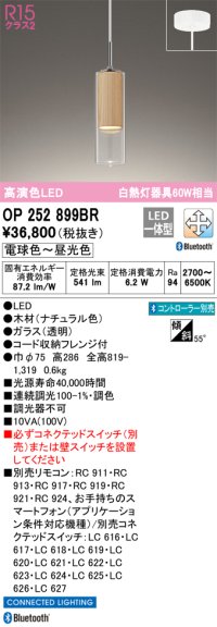 オーデリック　OP252899BR　ペンダントライト 調光 調色 Bluetooth コントローラー別売 LED一体型 電球色〜昼光色 フレンジタイプ ナチュラル