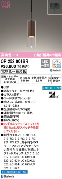 オーデリック　OP252901BR　ペンダントライト 調光 調色 Bluetooth コントローラー別売 LED一体型 電球色〜昼光色 フレンジタイプ ウォールナット色