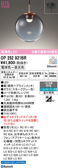 オーデリック　OP252921BR　ペンダントライト 調光 調色 Bluetooth コントローラー別売 LED一体型 電球色〜昼光色 フレンジタイプ スモークグレー