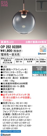 オーデリック　OP252922BR　ペンダントライト 調光 調色 Bluetooth コントローラー別売 LED一体型 電球色〜昼光色 プラグタイプ スモークグレー